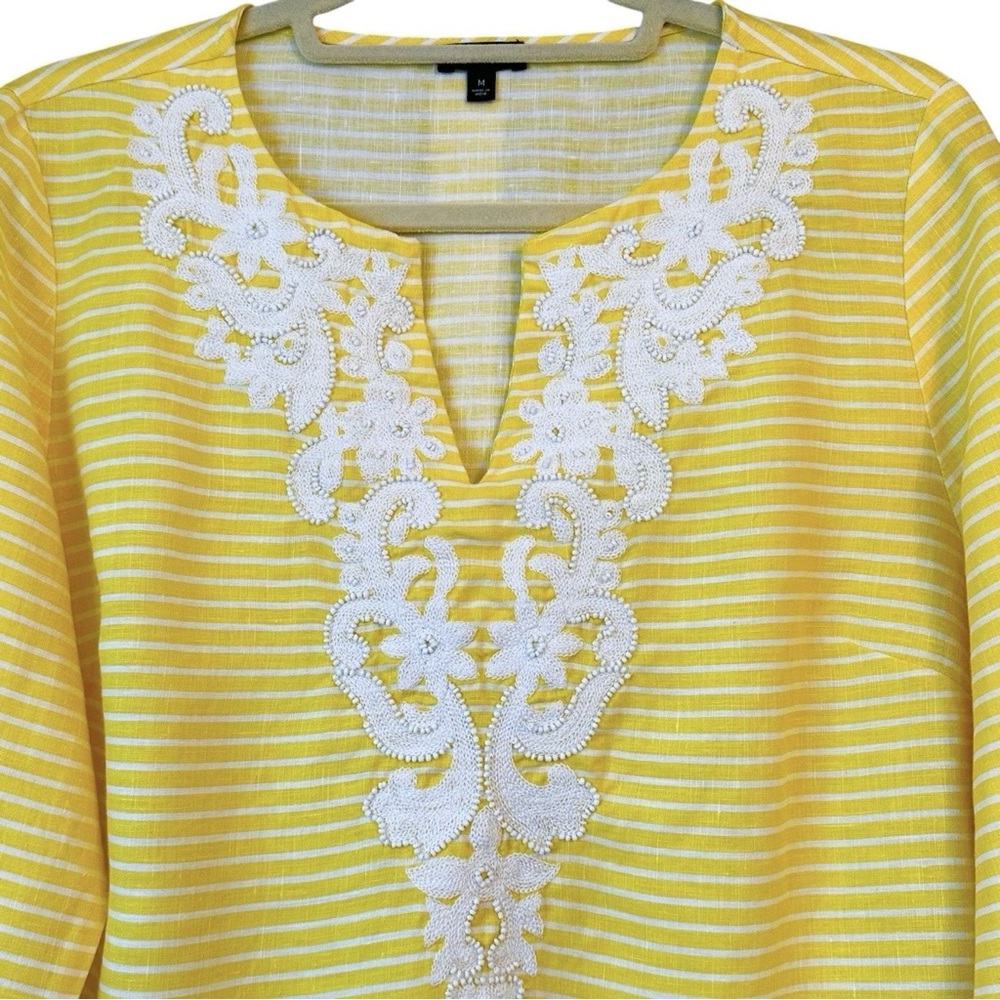 Talbots M Linen Top Yellow White Stripe V Notch Embroidery Beaded Coastal Beach - Picture 7 of 13